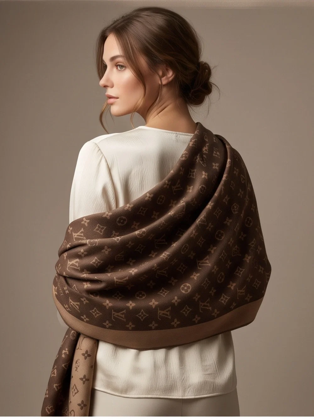 A Luxury Monogram Cashmere Silk Blend Fringe Scarf Wrap 28.5” x 72” Brown☑️
